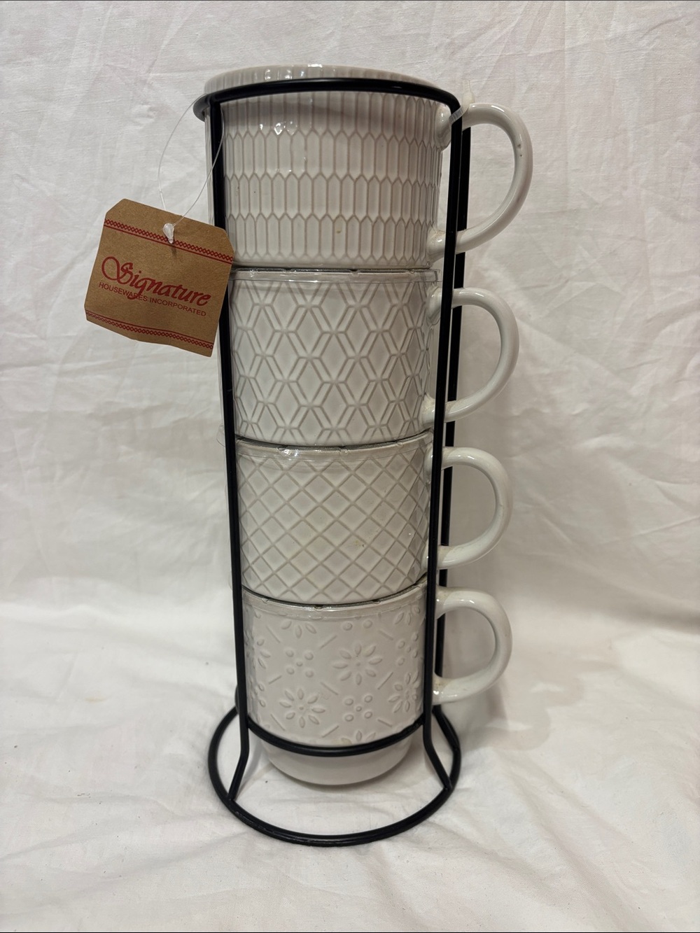 Signature White Patterned Stackable Ceramic Mugs with Black Rack